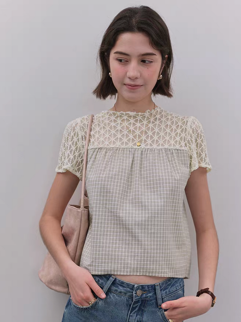 Crochet lace checker cotton ivory beige blouse 6