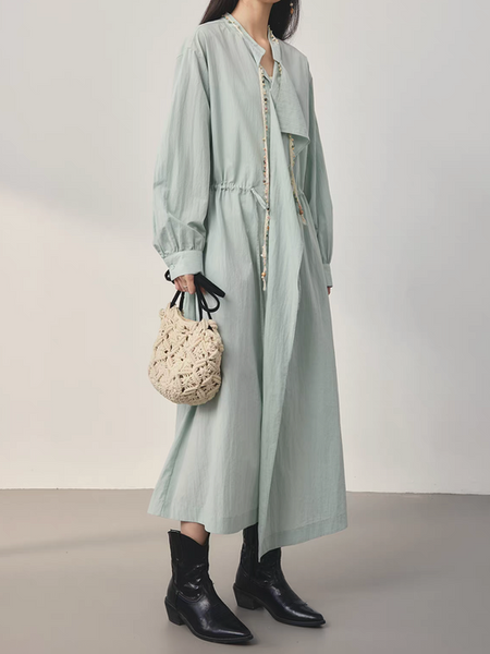 Pastel green lace deco asymmetric overlapping waist drawstring dress