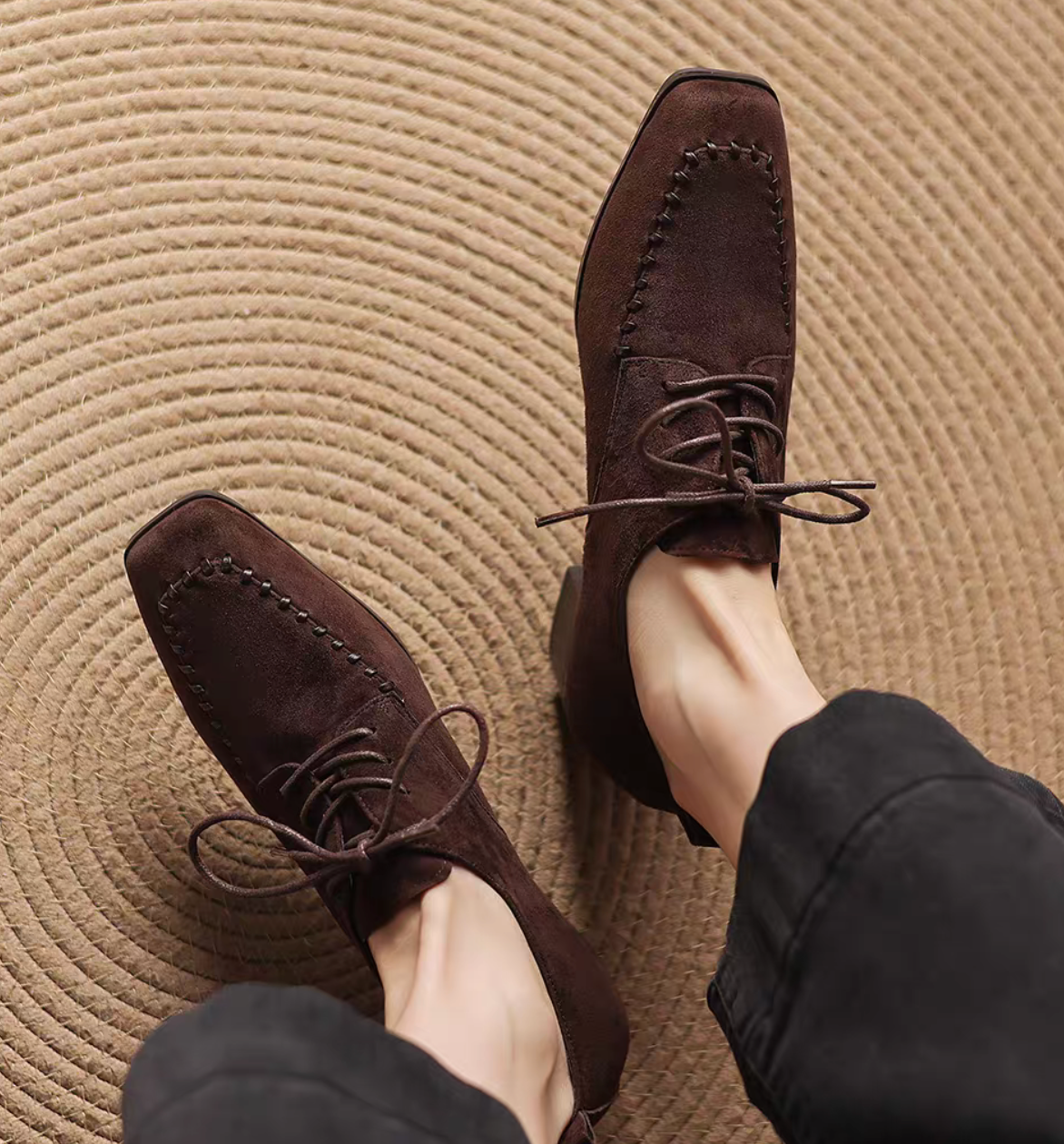 Calf leather suede stitched trim lacing shoes