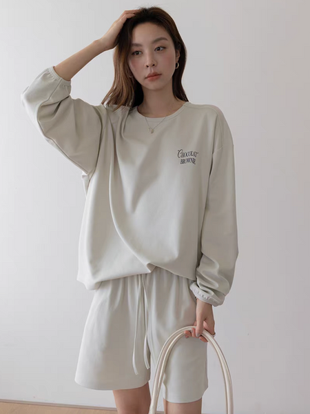 Chocolate brownie print cotton crewneck sweater + elasticated shorts set