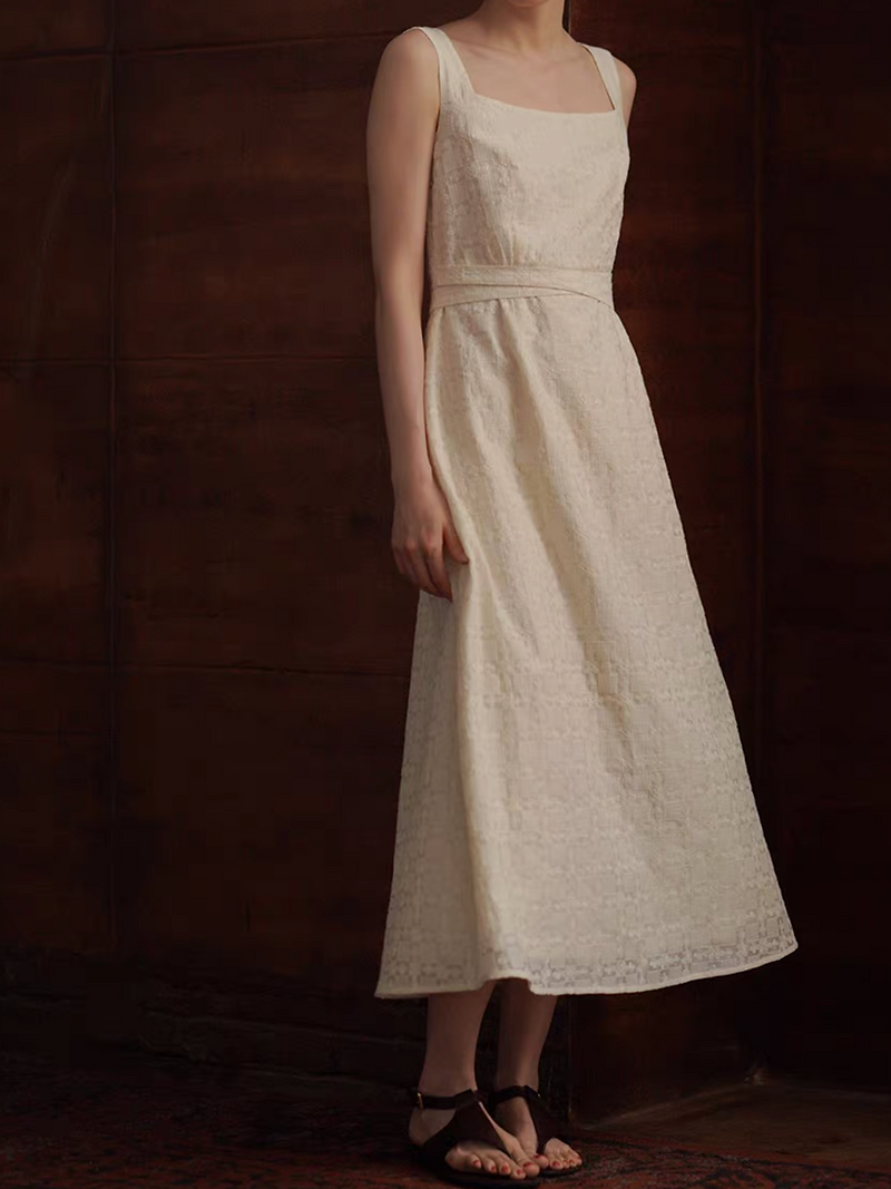 Ivory crochet embroidered cotton rayon belted sleeveless dress 4