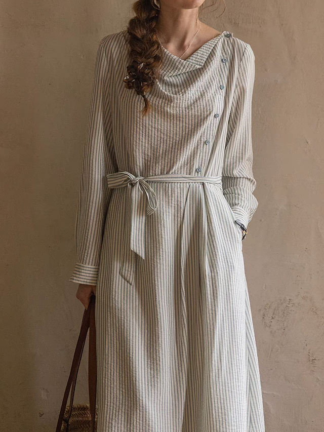 Striped belted asymmetric drape collar side buttoned tencel cotton dress 7