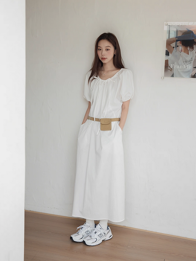 Shoulder drawstrings cotton puff sleeves side pockets dress 1