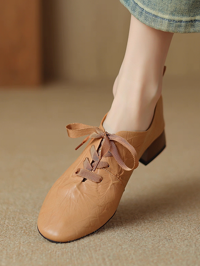 Ruffled oil waxed calf leather wood heel lacing shoes 5