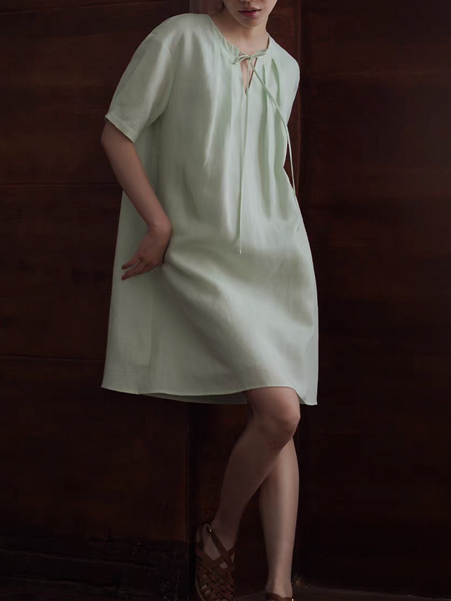 Mint pastel green pure linen drawstring side pockets midi dress 4