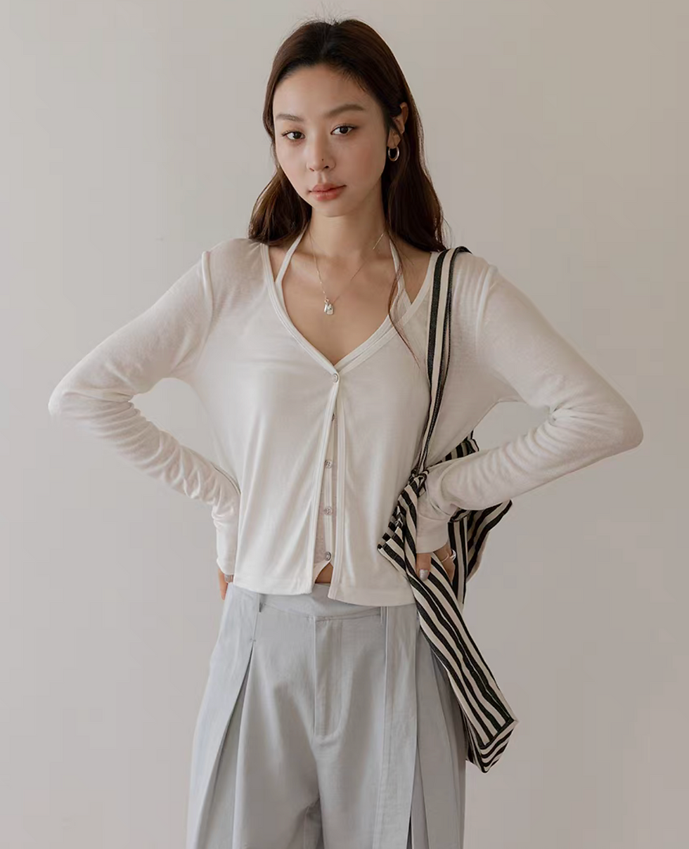 Thumbnail: Modal linen cotton halter buttoned top + cardigan set