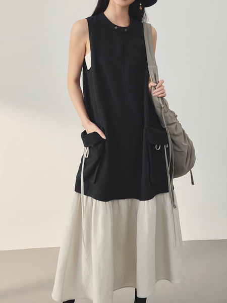 Docking cotton bi-color clasped buttoned cargo maxi sleeveless dress