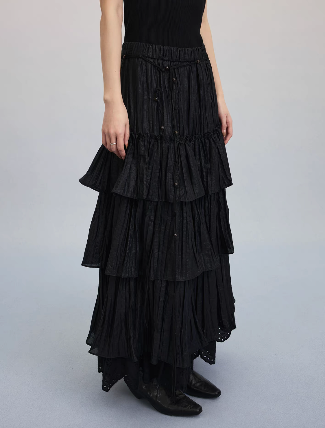 Asymmetric ruffled laced trim side drastring elasticated cotton tencel skirt