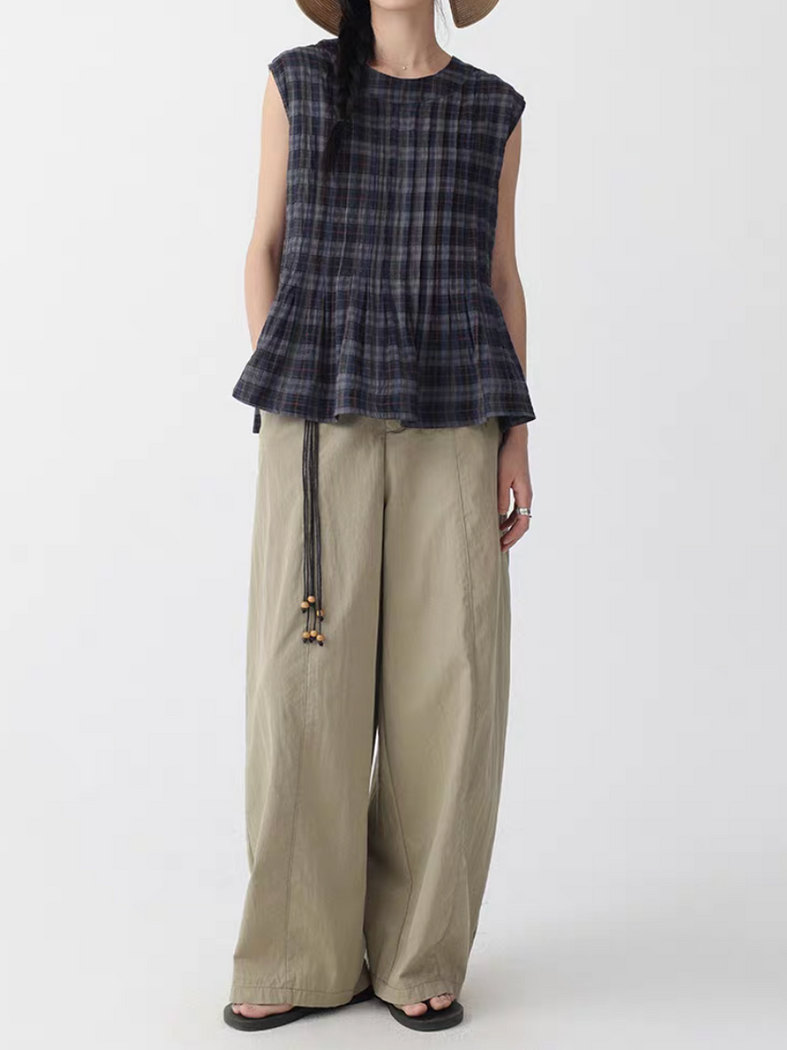 Linen navy checker pleated peplum back buttoned vest 4
