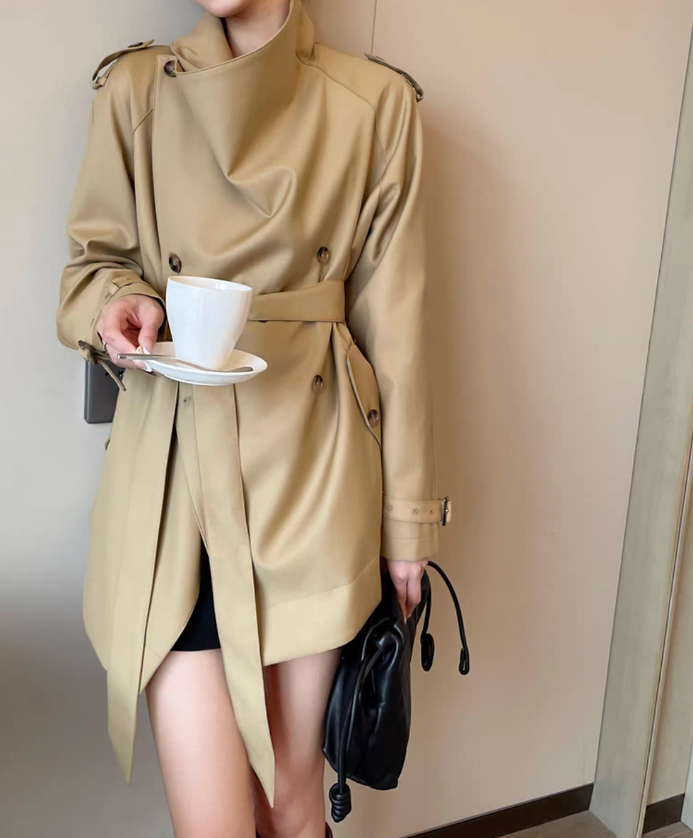 Thumbnail: Asymmetric drape collar two way belted khaki cotton rayon trench coat