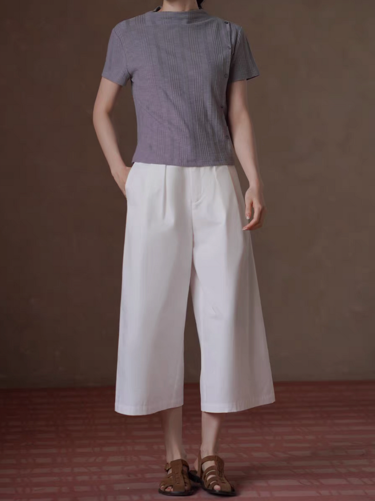 Smokey purple ribbed side buttoned crewneck stretchy poly rayon cotton tee 5