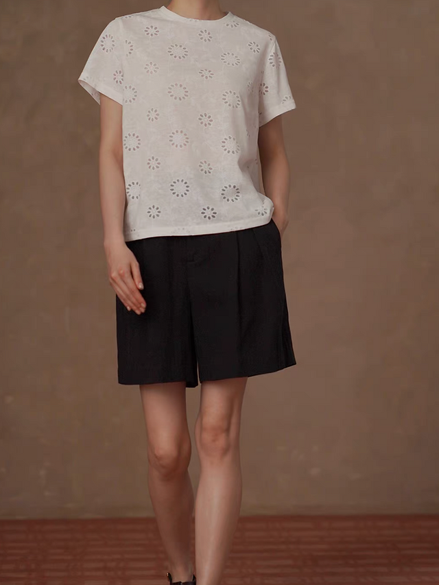 Crewneck crochet floral patterned pure cotton white tee 3