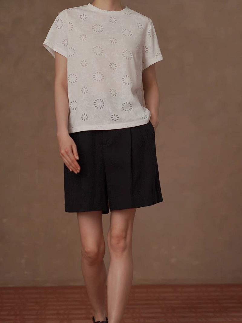 Crewneck crochet floral patterned pure cotton white tee 3
