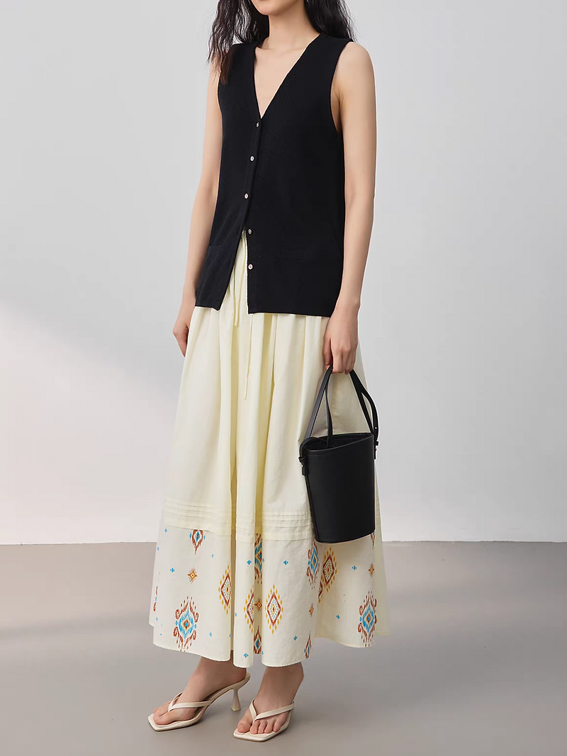 Cream ivory pleated embroidered linen cotton elasticated drawstring skirt 4