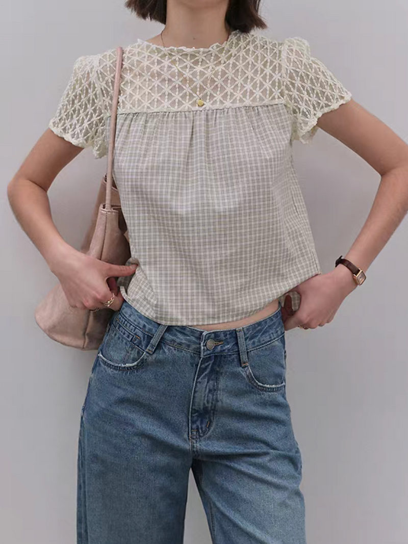 Crochet lace checker cotton ivory beige blouse 2