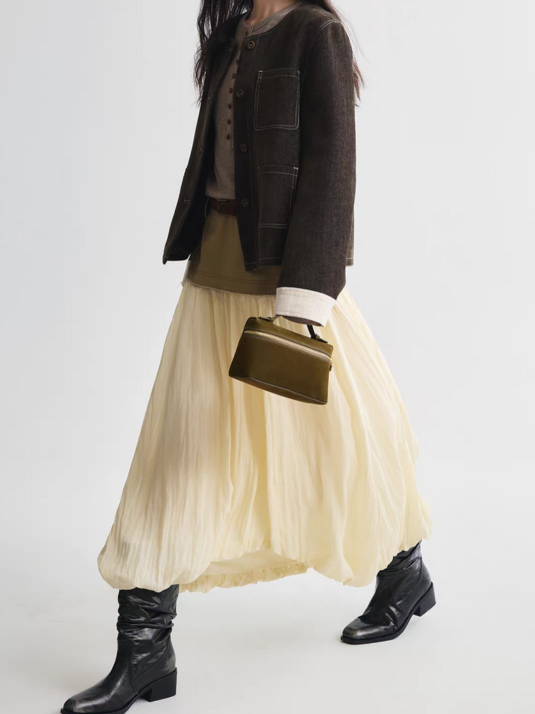 Docking khaki denim beige lyocell rayon asymmetric puff skirt 7