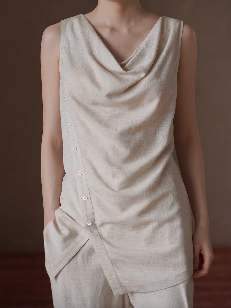 Asymmetric drape collar linen buttoned vest + pants set 7