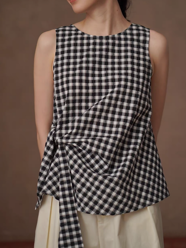 Checker side knot pure cotton back zipped vest 3