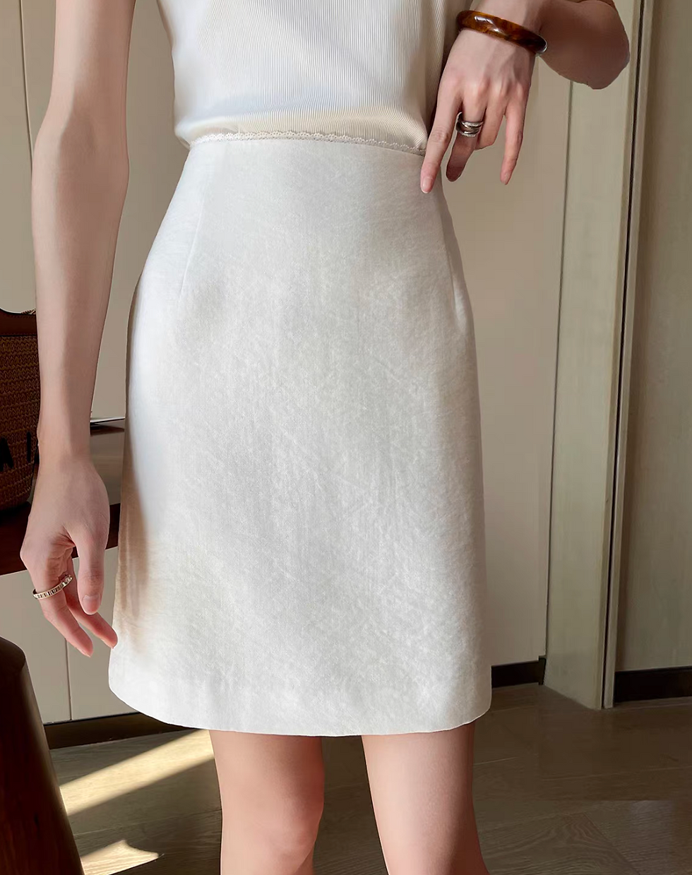 Thumbnail: Ivory laced trim cotton poly high waisted zipper skirt