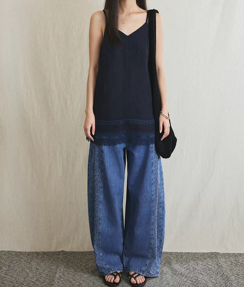 Thumbnail: Side floral embroidered contour high rise acid washed retro blue pants