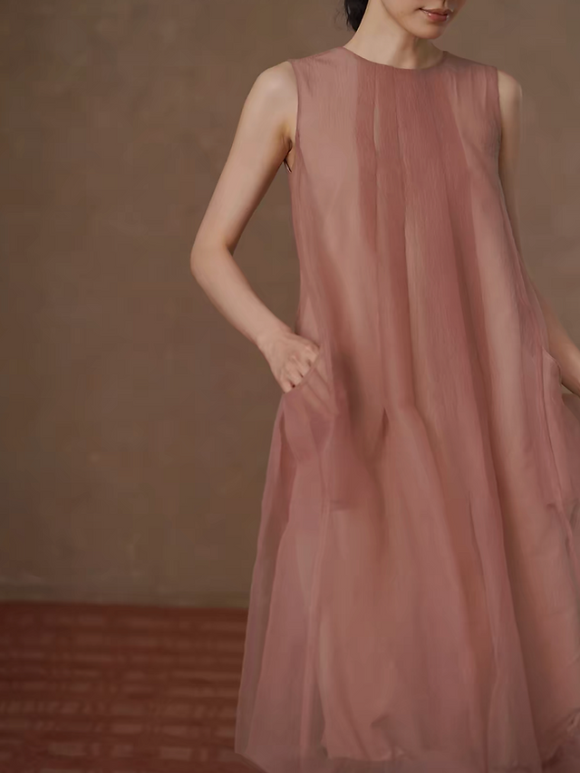 Poly morandi pink crewneck layered sheer puff sleeveless dress 9