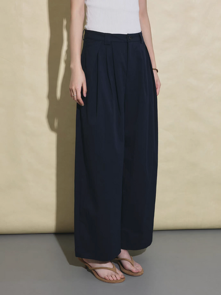 High waisted pleated cotton rayon straight pants