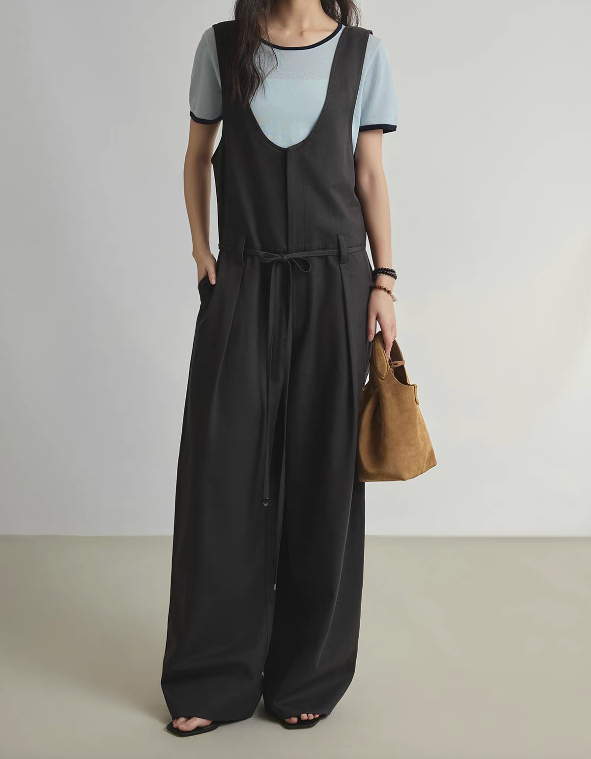 Cotton lyocell belted charcoal color U neck romper