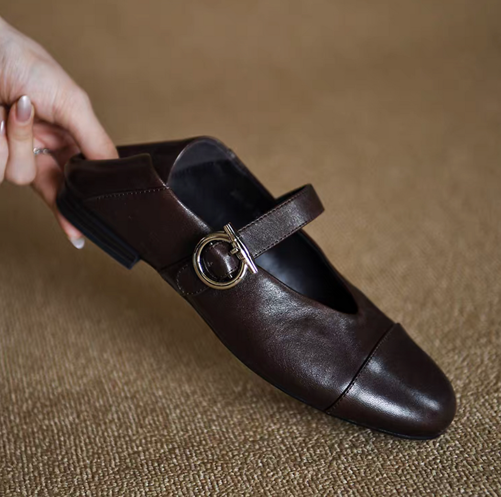 Thumbnail: Dark brown curved cut pin through buckle strap calf leather Mary Janes