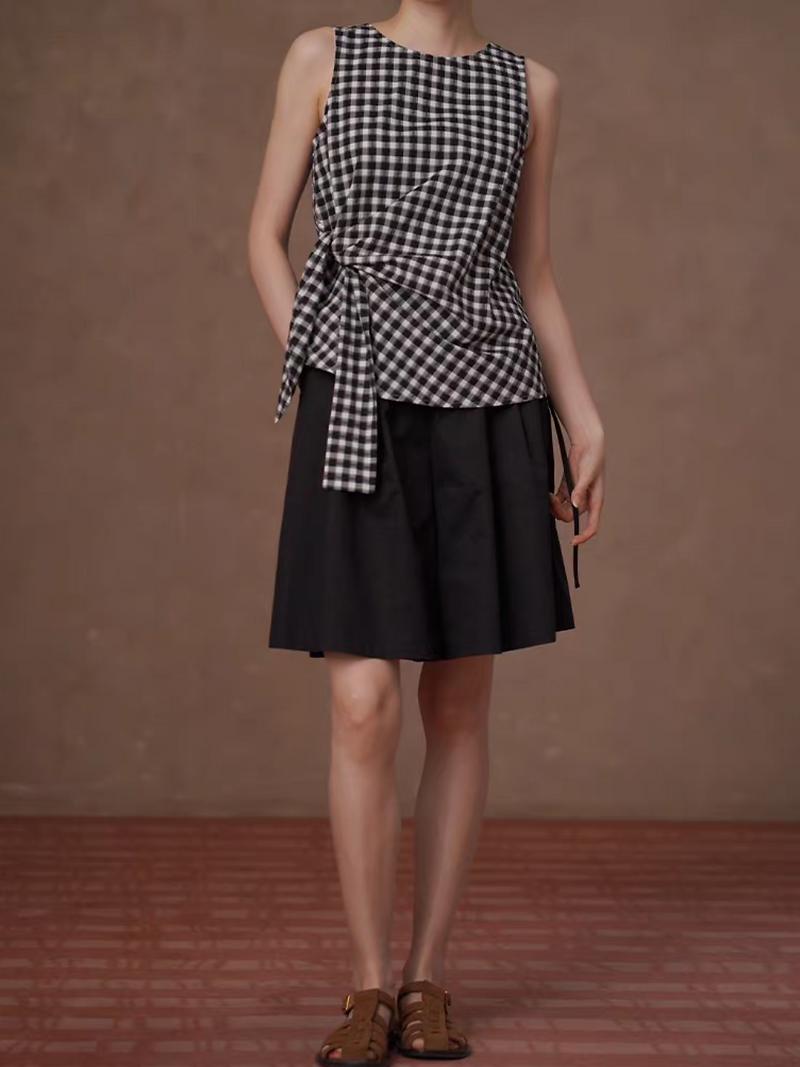 Checker side knot pure cotton back zipped vest 8