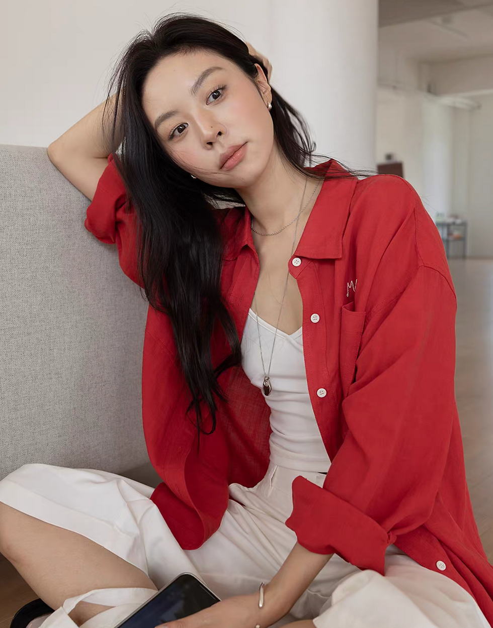 Thumbnail: Mutual embroidered mid length tencel linen shirt