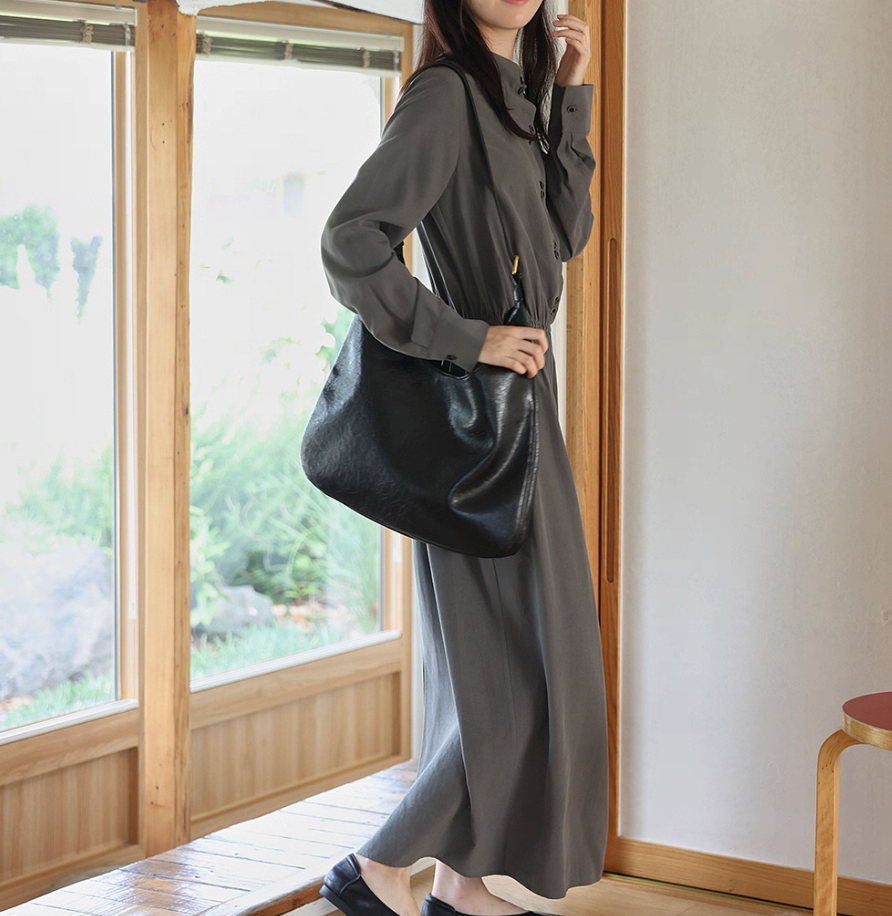 Thumbnail: Charocoal grey drape collar buttoned side pockets cotton tencel dress