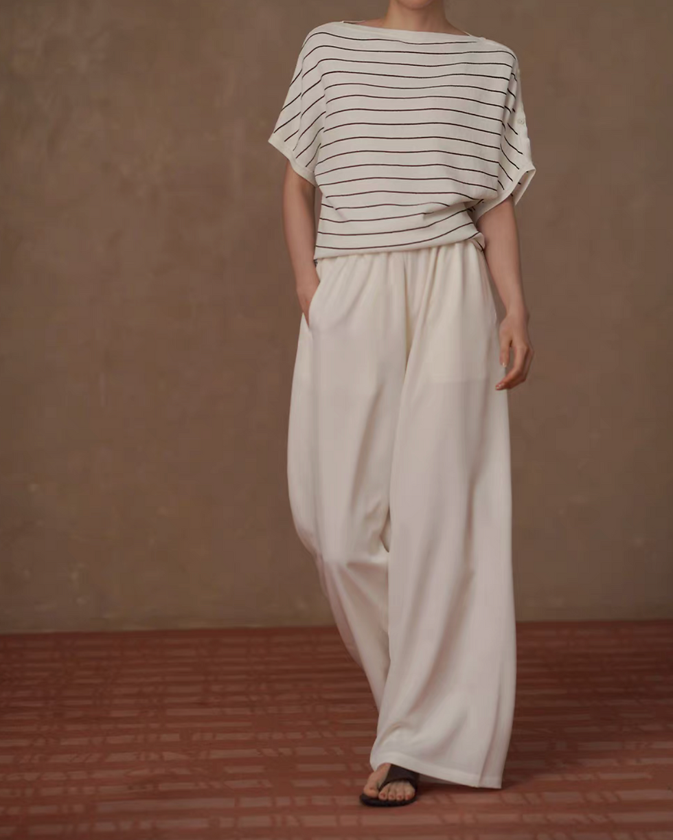 Thumbnail: Poly rayon ivory black striped shoulder buttoned straight shoulder top