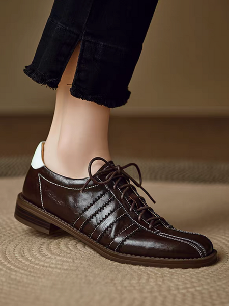 White stitched color blocking lacing calf leather shoes