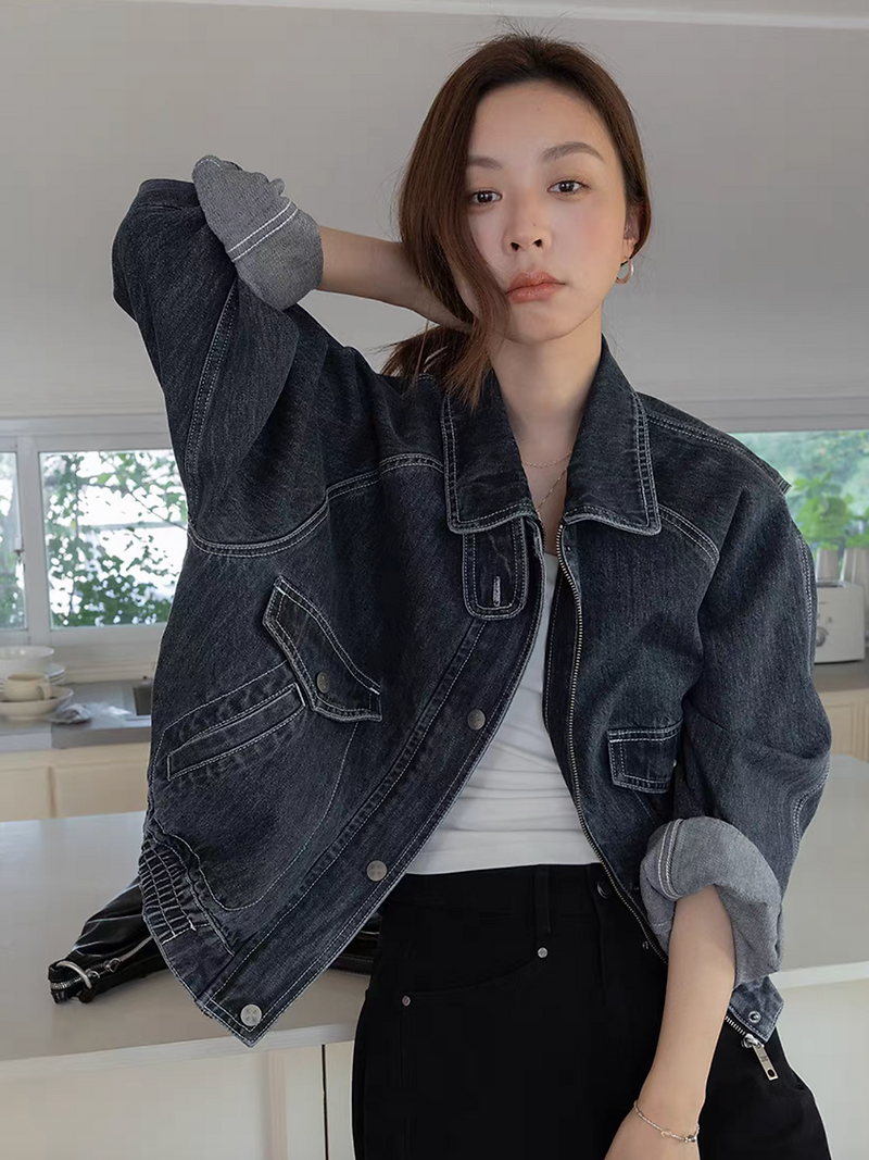 Acid washed dark navy denim polo two way denim jacket 1