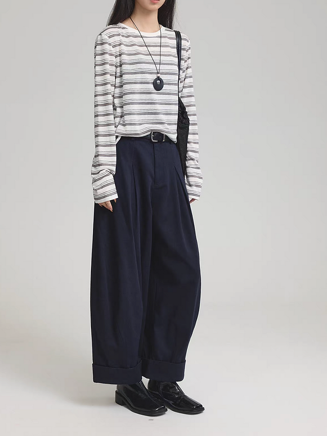 Navy stitched trim lyocell linen cotton pleated barrel relaxed cut pants 11