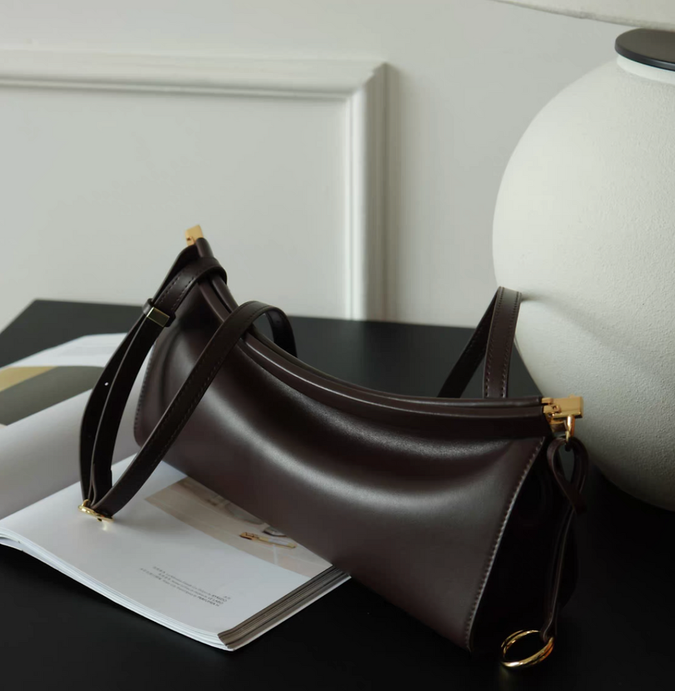 Thumbnail: Calf leather metal ware shoulder + crossbody baguette bag