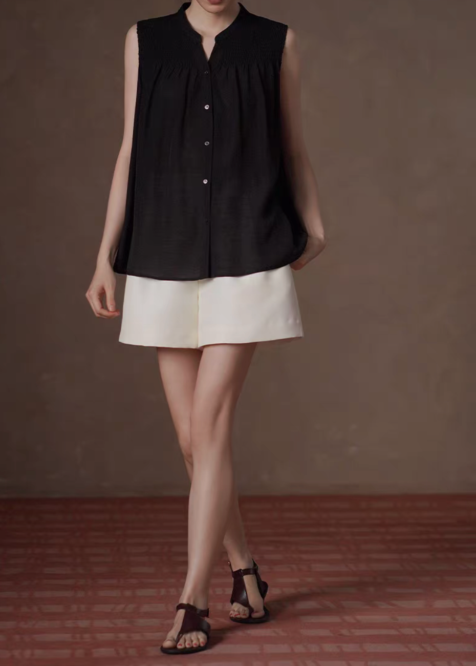 Thumbnail: Back elasticated ivory side zipped high waisted poly rayon shorts