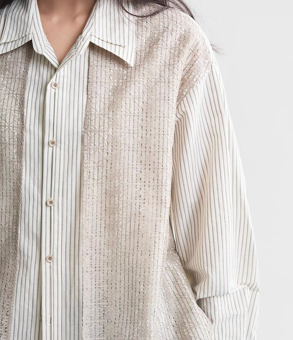 Thumbnail: Beige cotton striped docking laced layered mid length double collars shirt