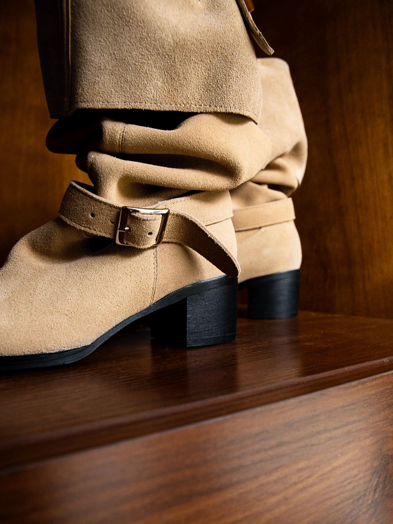Made in Italy two-way convertible drape suede calf leather chunky heel boots 4