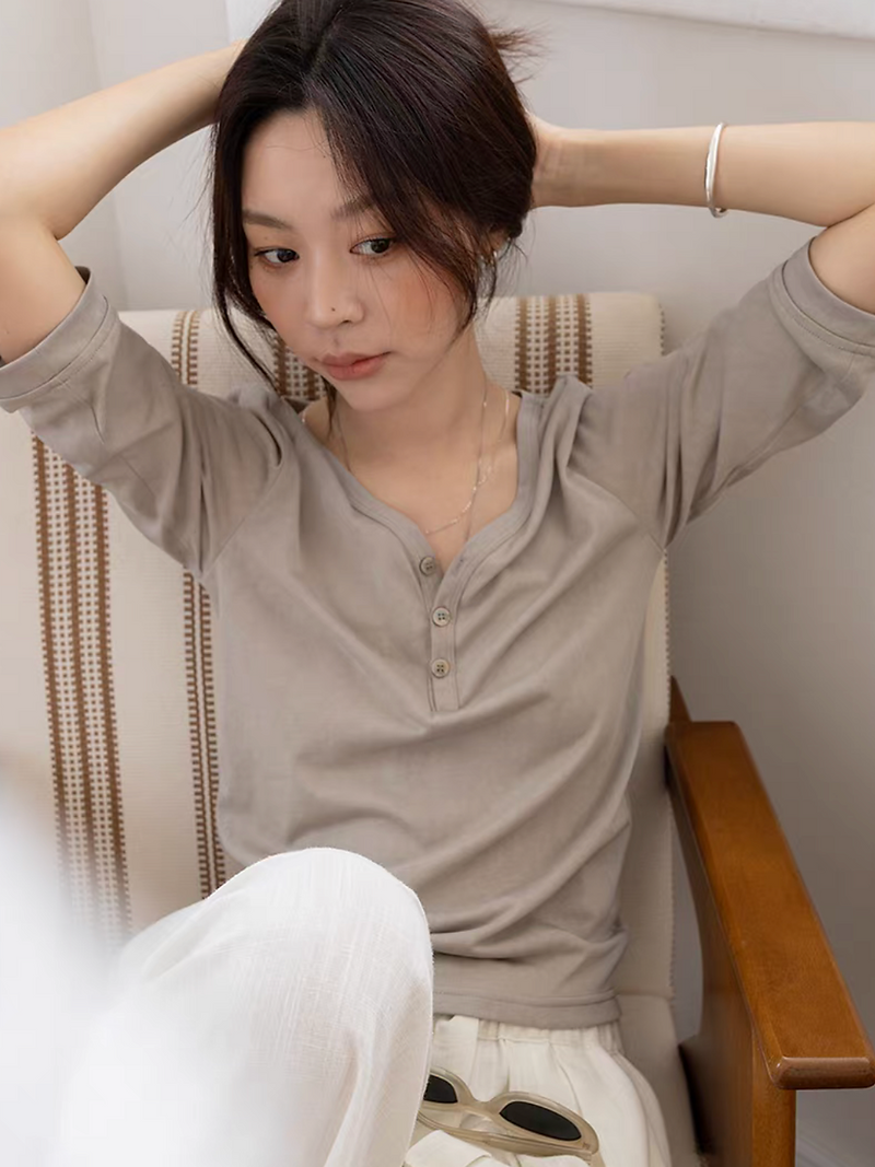 V neck buttoned strap tencel cotton two way tee 13