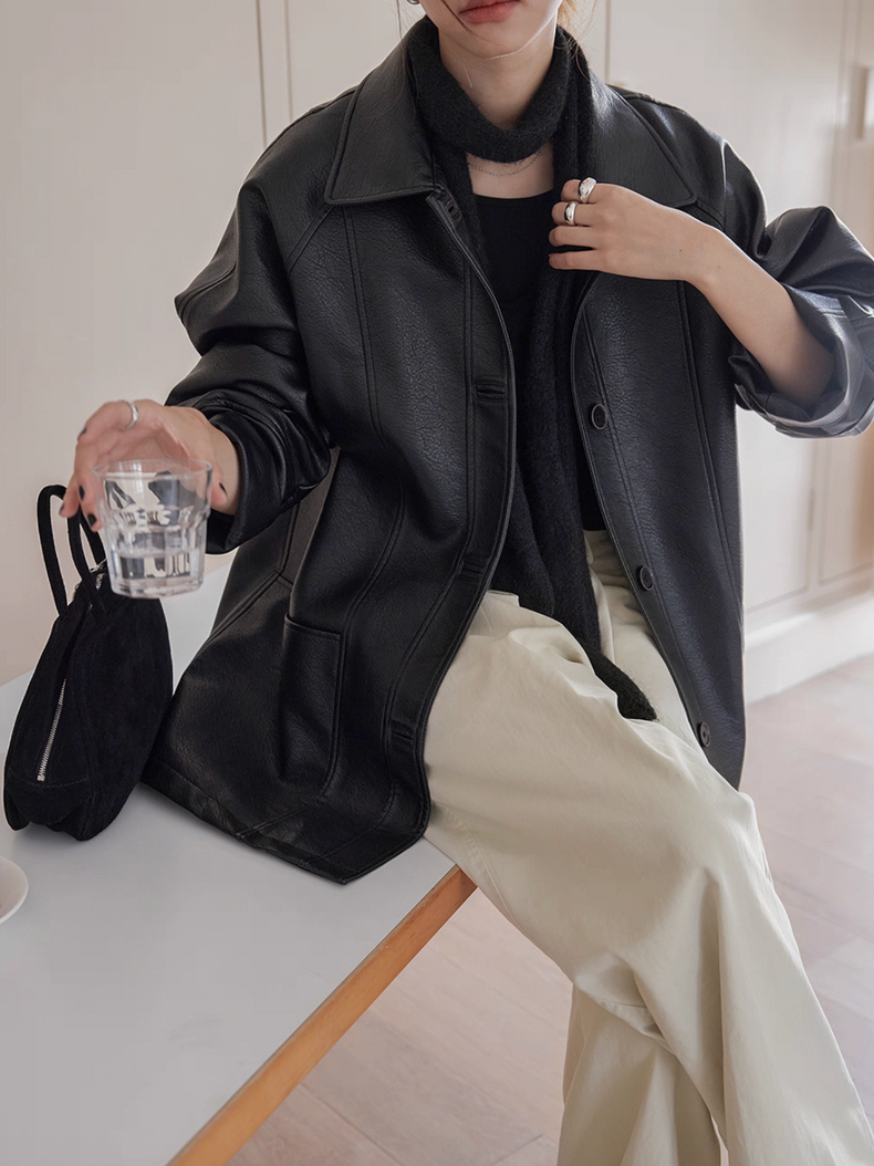 Black synthetic leather mid length side pockets polo jacket 4