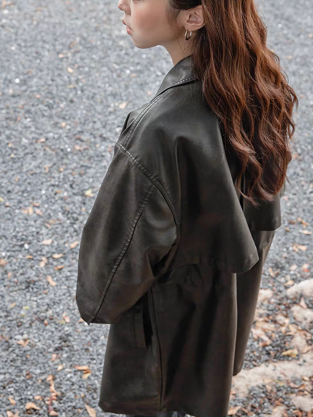 Mocha olive tone synthetic leather waist drawstring mid length polo jacket 7