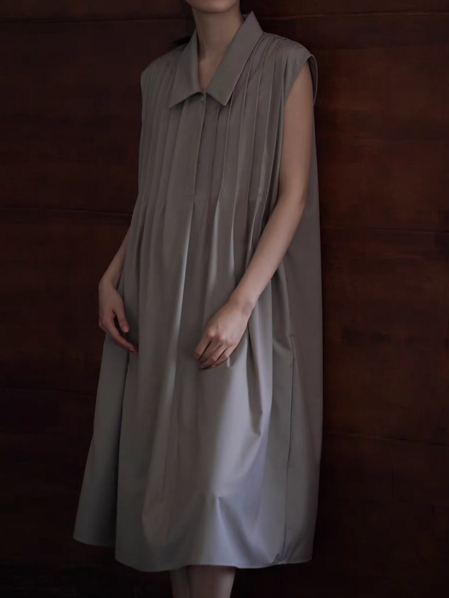 Sora beige pleated flutter sleeves midi sleeveless dress 1