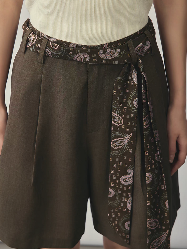Patterned silky belt included high waisted mocha pleated shorts 6