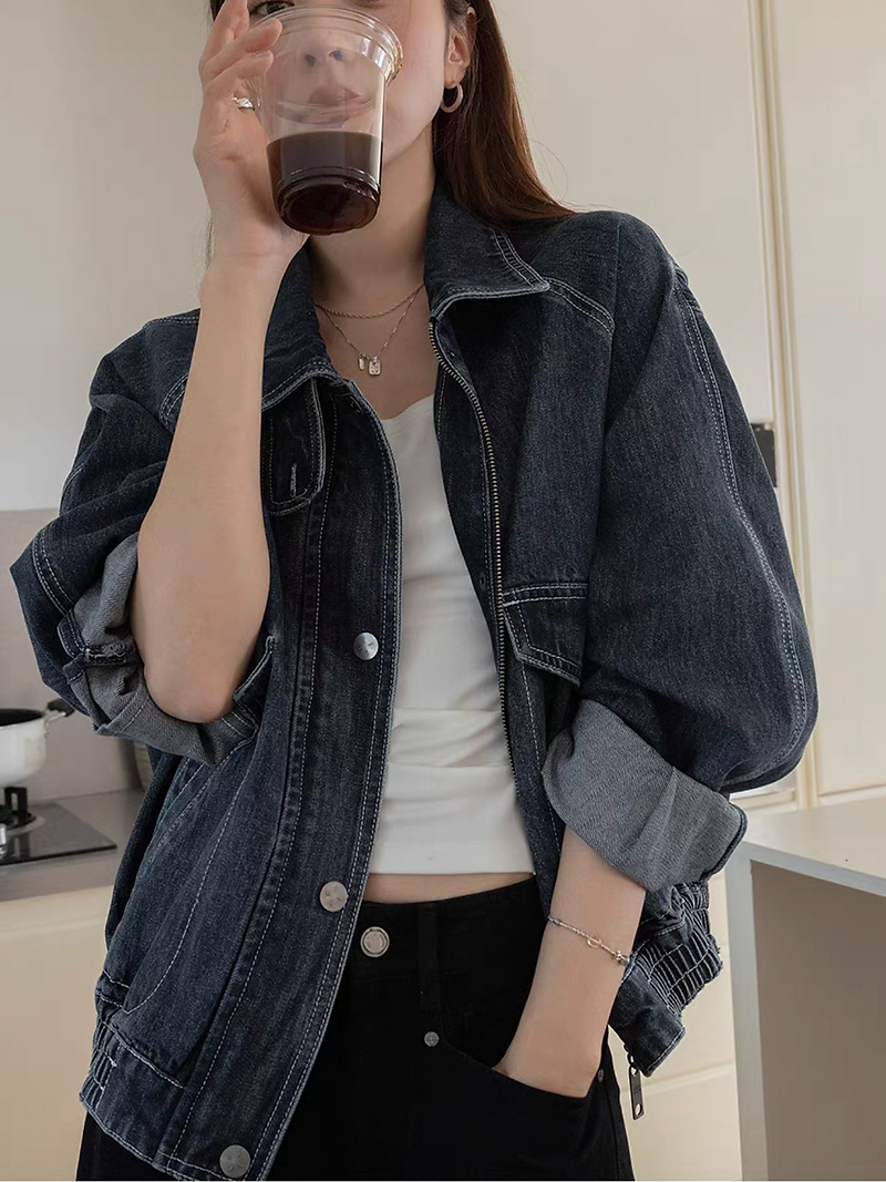 Acid washed dark navy denim polo two way denim jacket 4