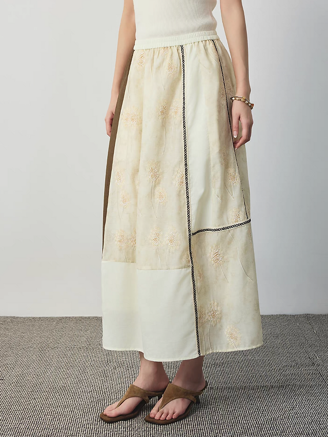Patchwork embroidered elasticated poly rayon cotton tencel ivory A line skirt 1