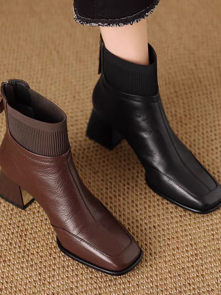 Chunky heel back zipped square toe elastic rim ankle boots