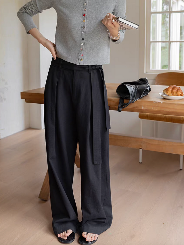 High waisted belted pleated cotton rayon straight pants 7