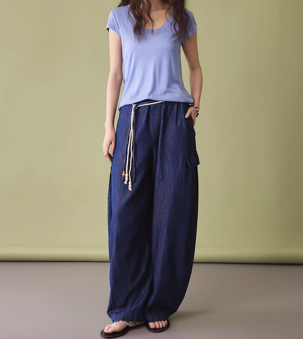 Thumbnail: Color blocking tencel soft denim elasticated drawstring belted pants