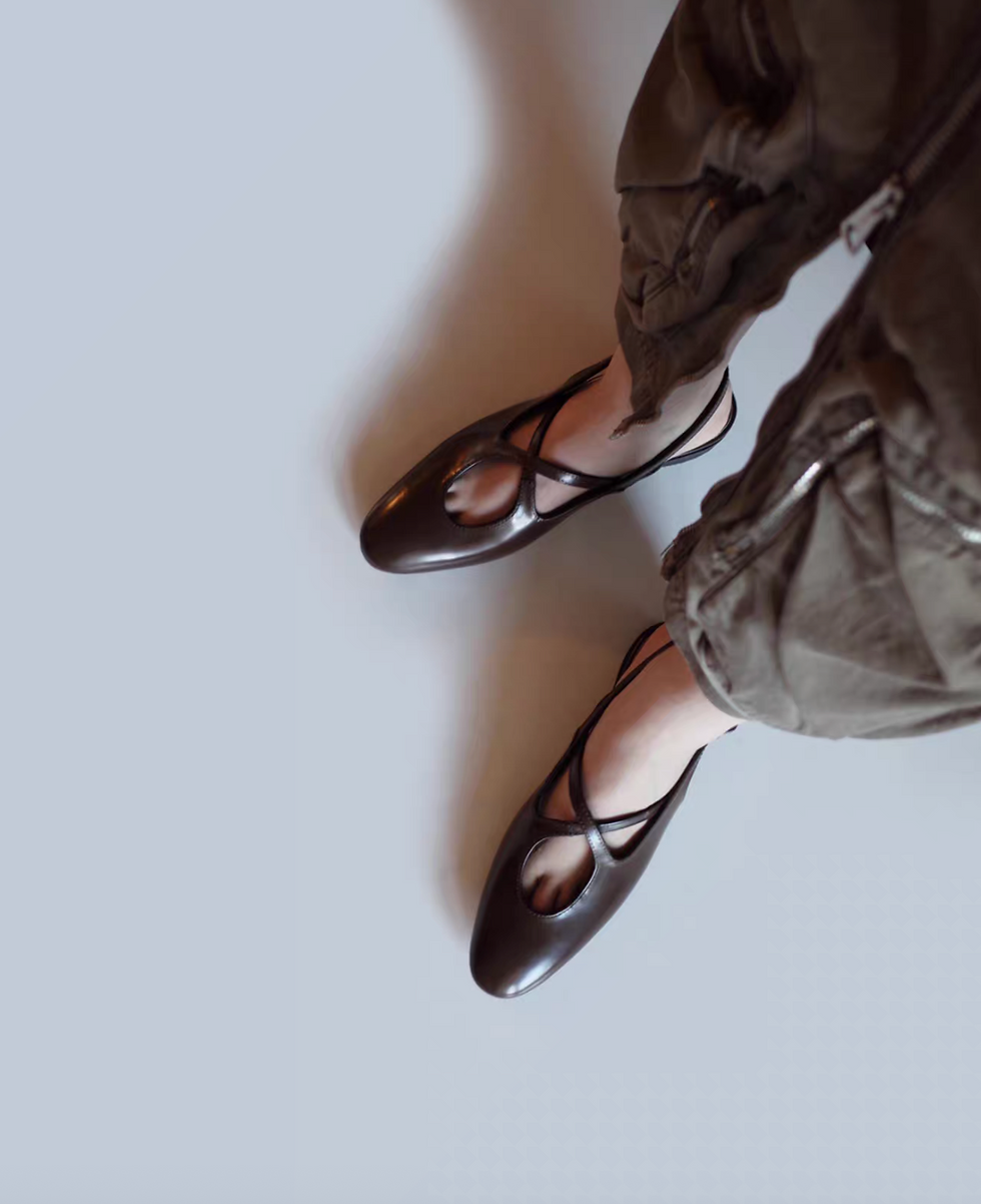 Thumbnail: Made in Paris mocha brown crossed straps calf leather sling back shoes